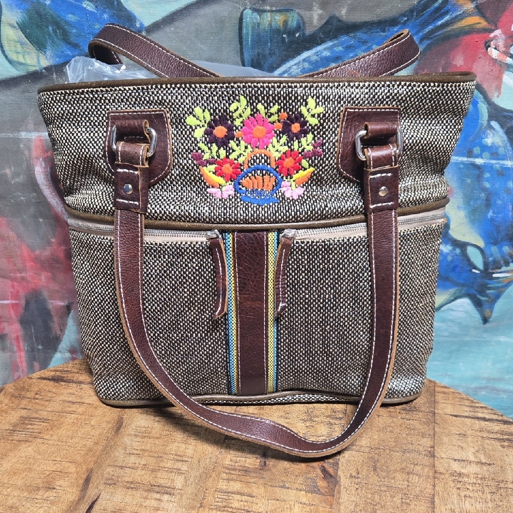 Consuela Brown Tote with Colorful Embroidery